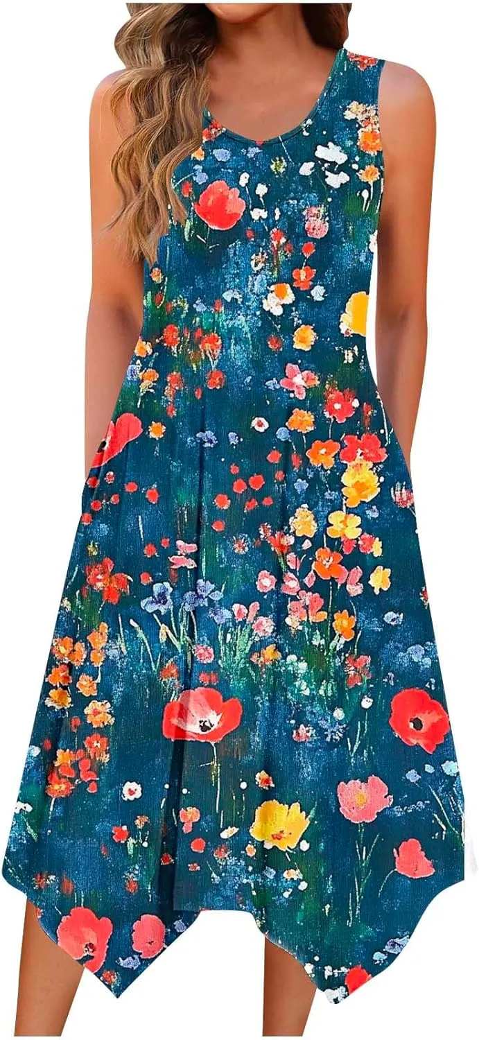 Womens Casual Dress for Summer Tank Dress Loose Flowy Beach Dress with Pockets Hankerchief Flare Midi Sundress