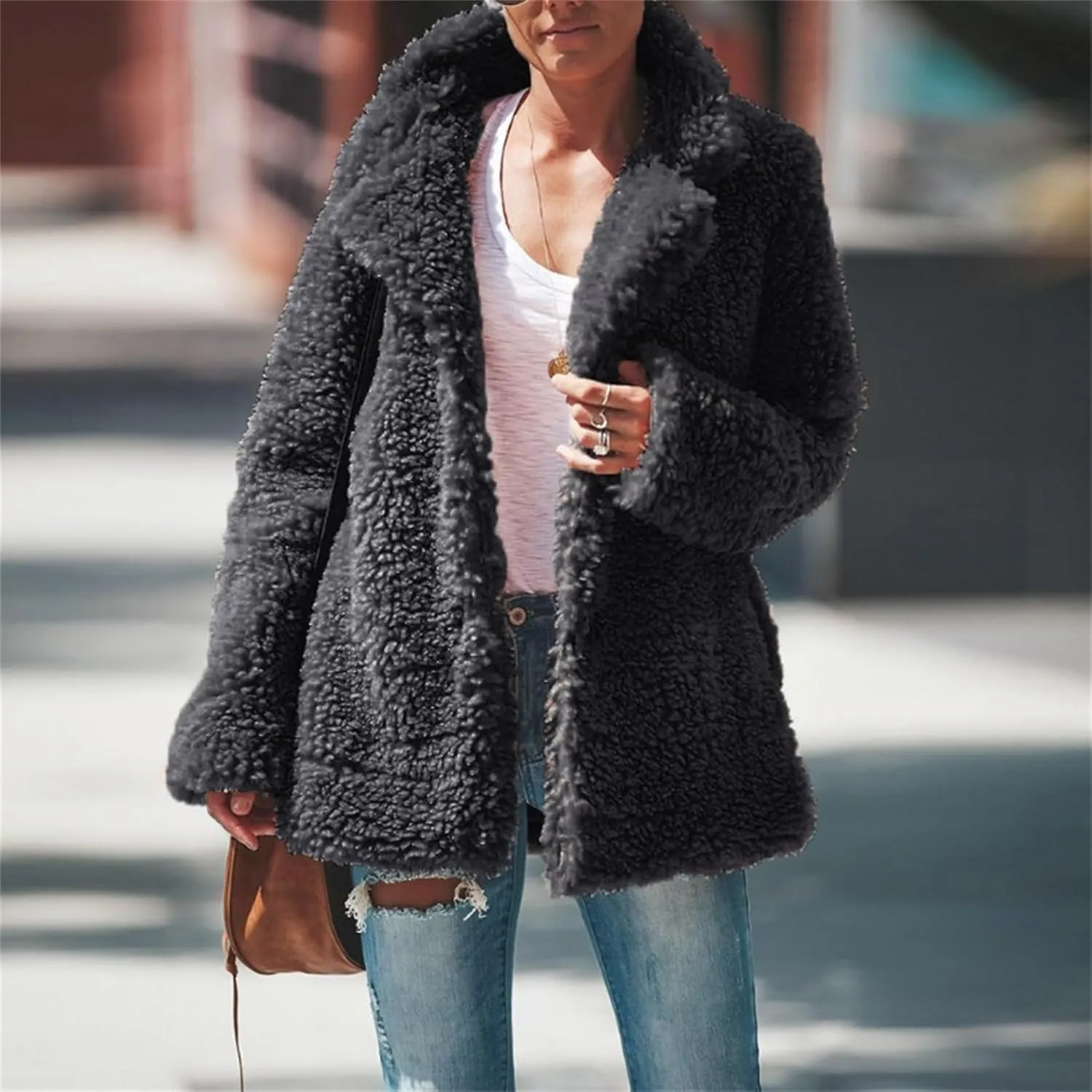 Womens Faux Fur Coat Outerwear Winter Comfortable Stylish Jacket with Pockets