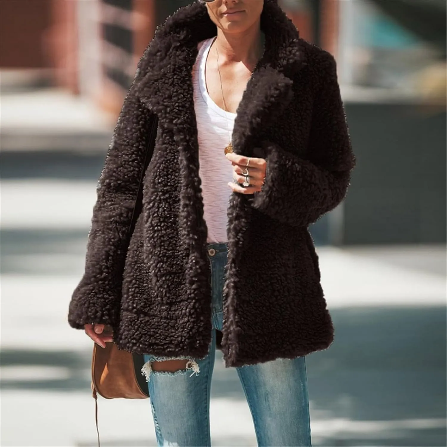 Womens Faux Fur Coat Outerwear Winter Comfortable Stylish Jacket with Pockets