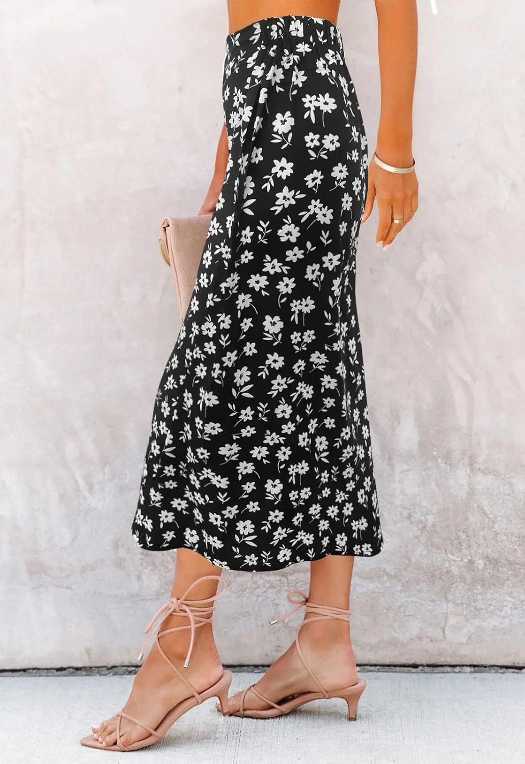 Women’s Floral Print Midi Skirt Casual High Elastic Waist Zipper Vintage Long Boho Skirts for Women