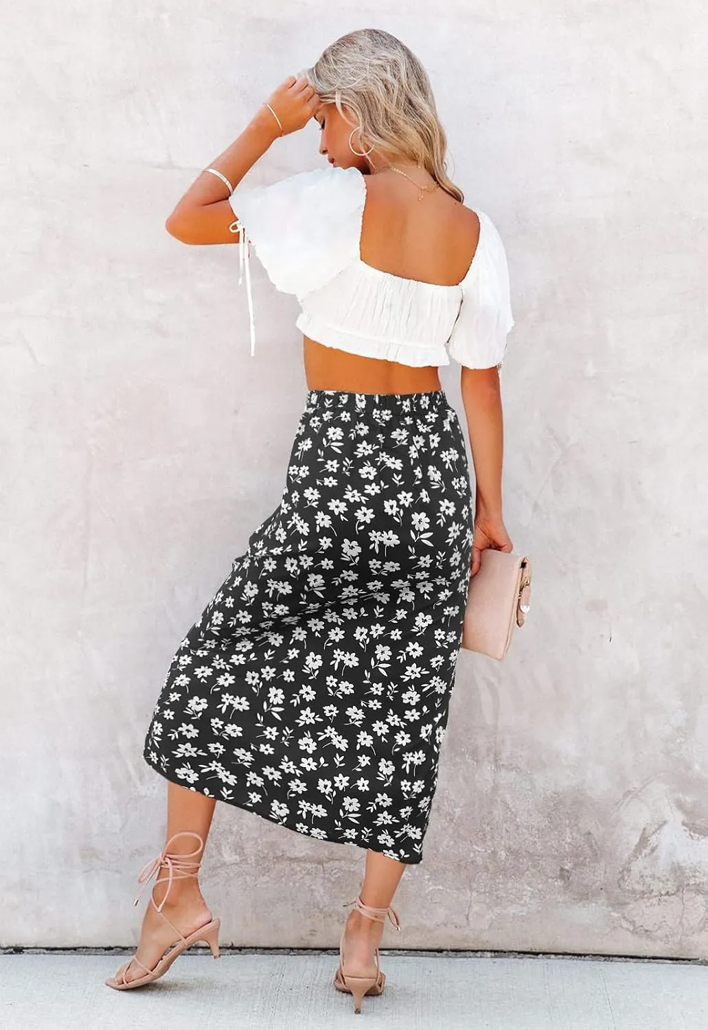 Women’s Floral Print Midi Skirt Casual High Elastic Waist Zipper Vintage Long Boho Skirts for Women