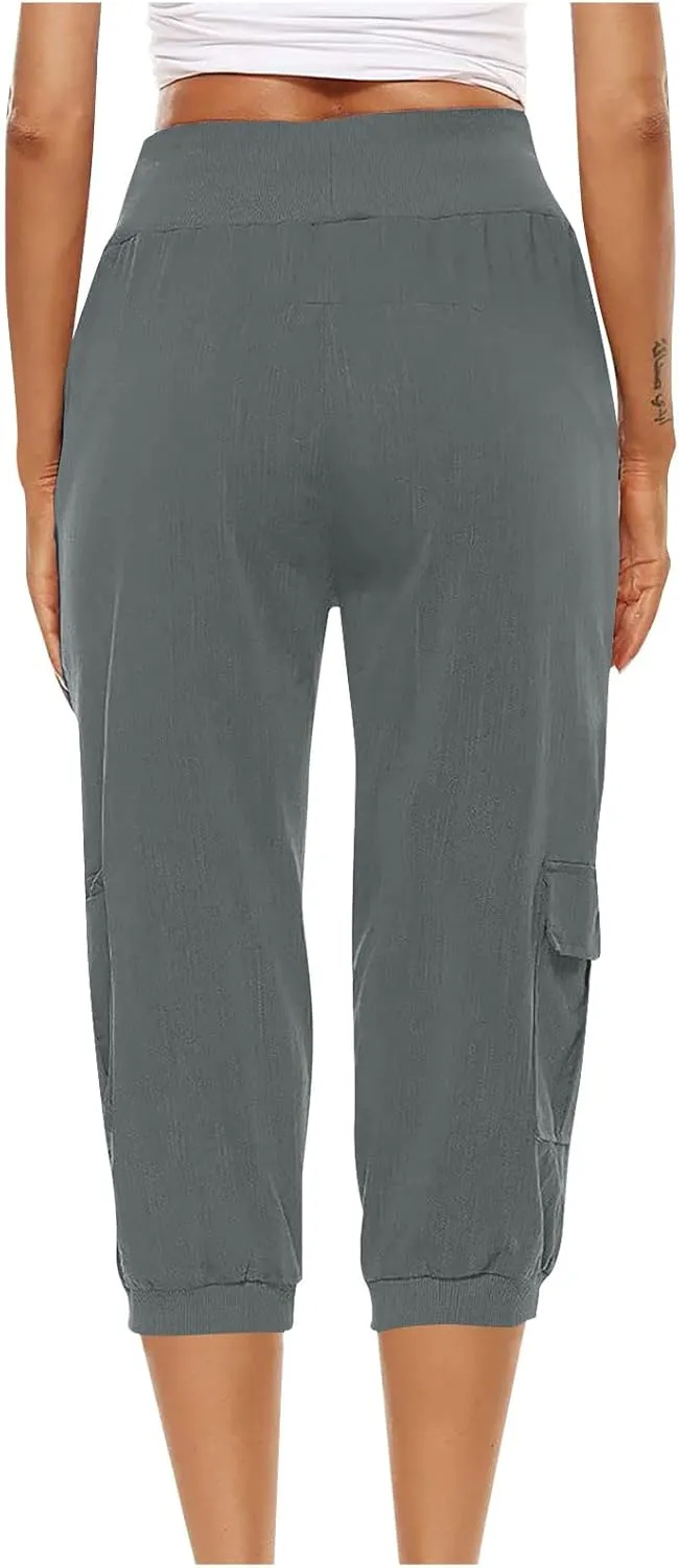 Women's Light Weight Summer Capris Cotton Linen Capri Pants Drawstring High Waist Pant Crop Workout Pants with Pockets