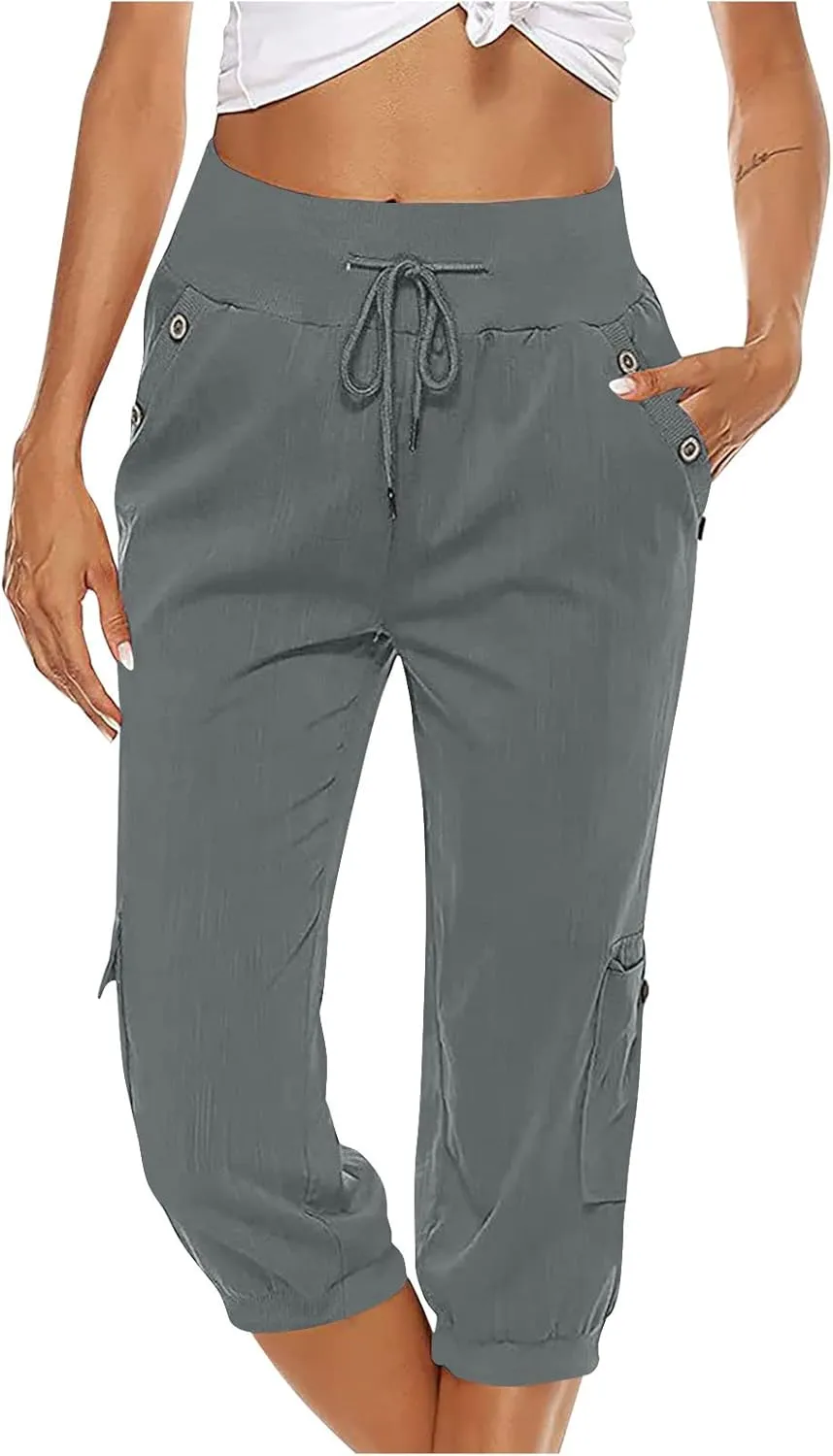 Women's Light Weight Summer Capris Cotton Linen Capri Pants Drawstring High Waist Pant Crop Workout Pants with Pockets