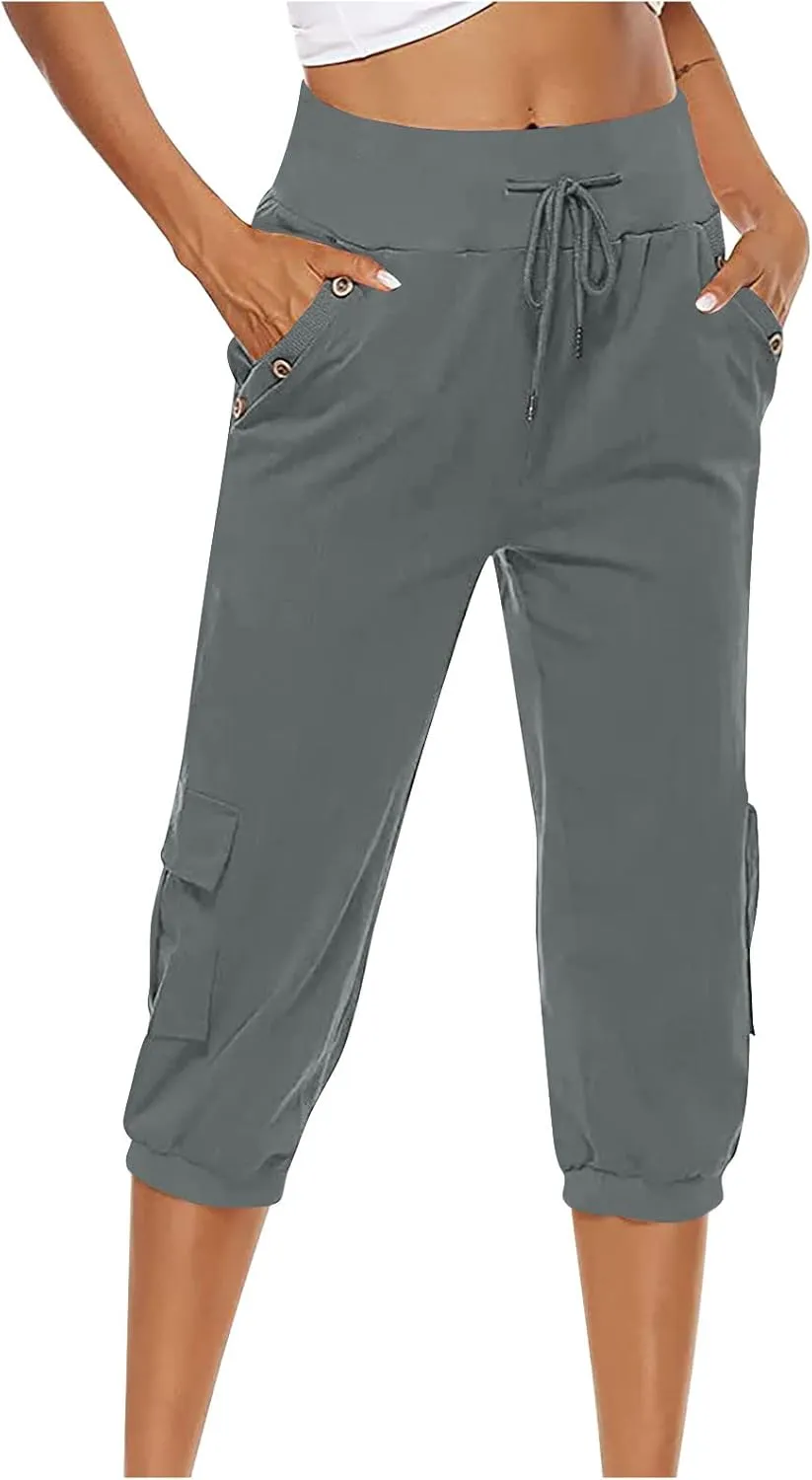 Women's Light Weight Summer Capris Cotton Linen Capri Pants Drawstring High Waist Pant Crop Workout Pants with Pockets