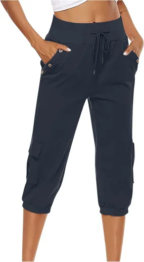 Women's Light Weight Summer Capris Cotton Linen Capri Pants Drawstring High Waist Pant Crop Workout Pants with Pockets