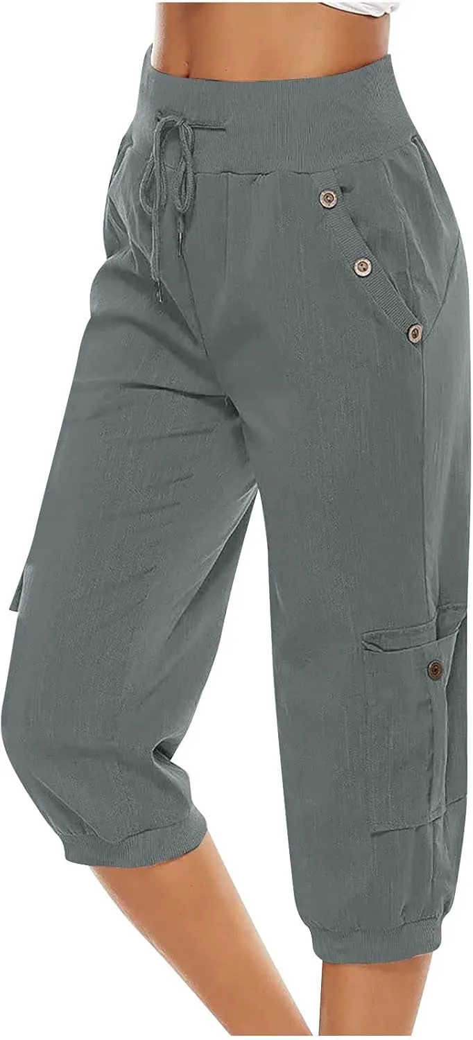 Women's Light Weight Summer Capris Cotton Linen Capri Pants Drawstring High Waist Pant Crop Workout Pants with Pockets