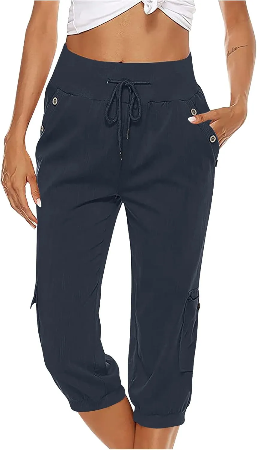 Women's Light Weight Summer Capris Cotton Linen Capri Pants Drawstring High Waist Pant Crop Workout Pants with Pockets