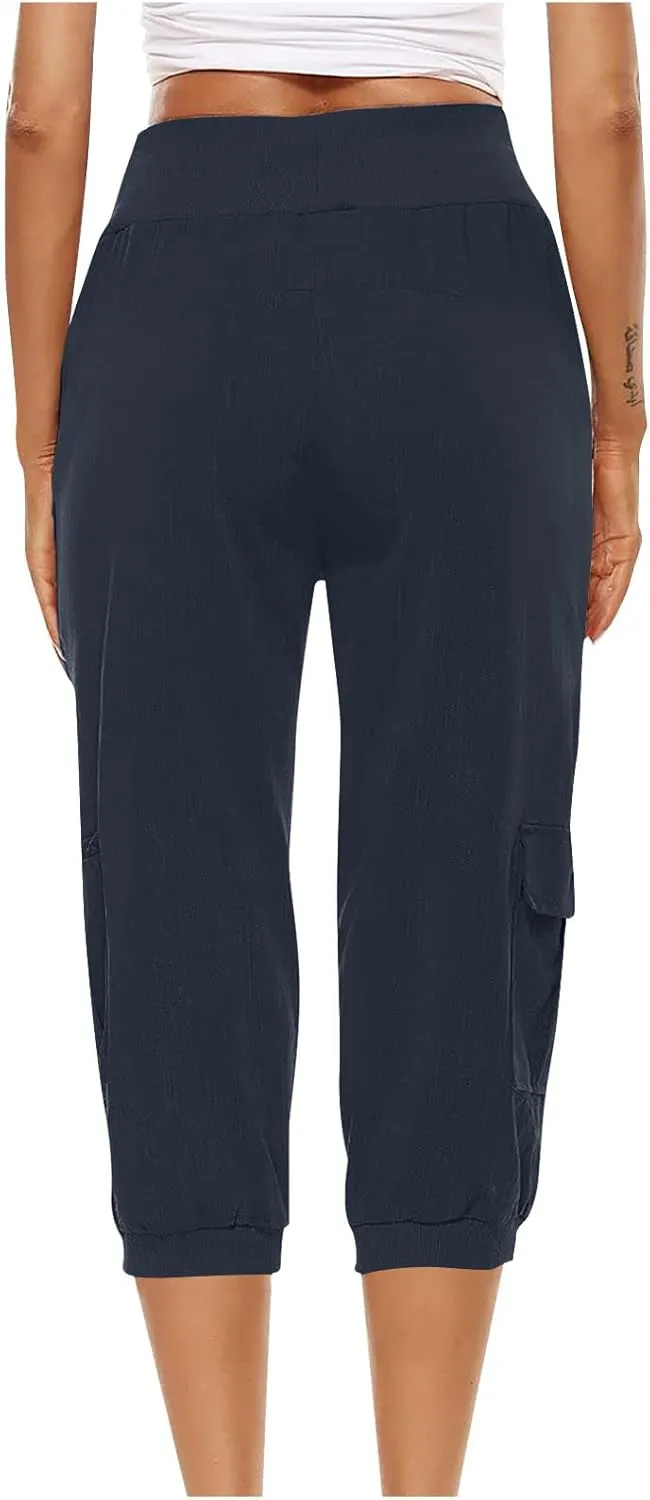 Women's Light Weight Summer Capris Cotton Linen Capri Pants Drawstring High Waist Pant Crop Workout Pants with Pockets