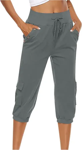Women's Light Weight Summer Capris Cotton Linen Capri Pants Drawstring High Waist Pant Crop Workout Pants with Pockets