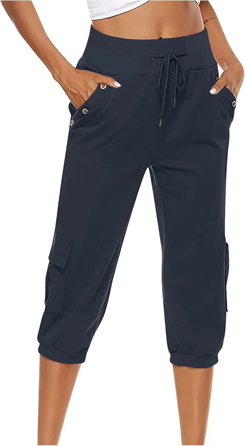 Women's Light Weight Summer Capris Cotton Linen Capri Pants Drawstring High Waist Pant Crop Workout Pants with Pockets