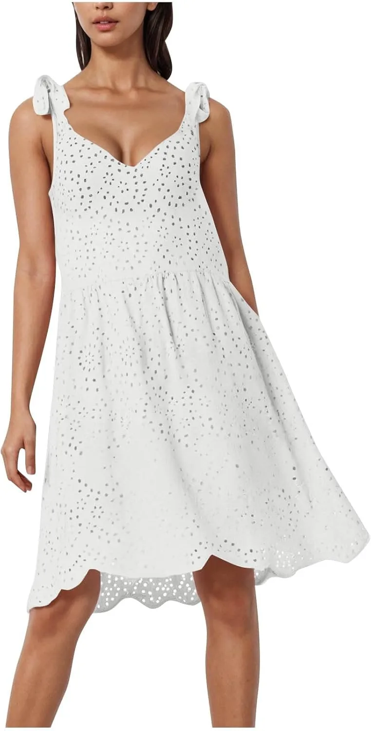 Women's Sexy Straps Eyelet Dress Sleeveless V Neck Swing Midi Dresses Casual Vacation Boho Beach Flowy Sundress