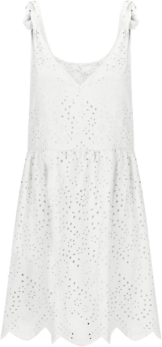 Women's Sexy Straps Eyelet Dress Sleeveless V Neck Swing Midi Dresses Casual Vacation Boho Beach Flowy Sundress