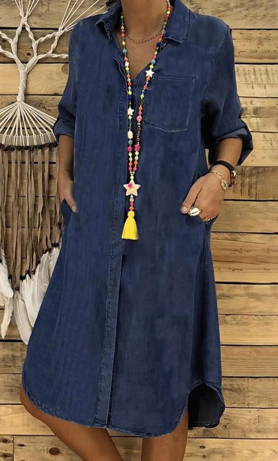 Womens Summer Casual Loose Denim Shirt Dress Long Sleeve Button Down Classic Vintage Jean Dresses