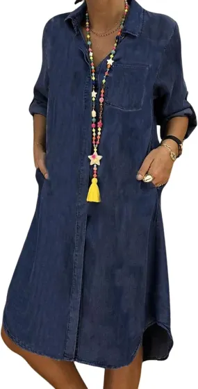 Womens Summer Casual Loose Denim Shirt Dress Long Sleeve Button Down Classic Vintage Jean Dresses