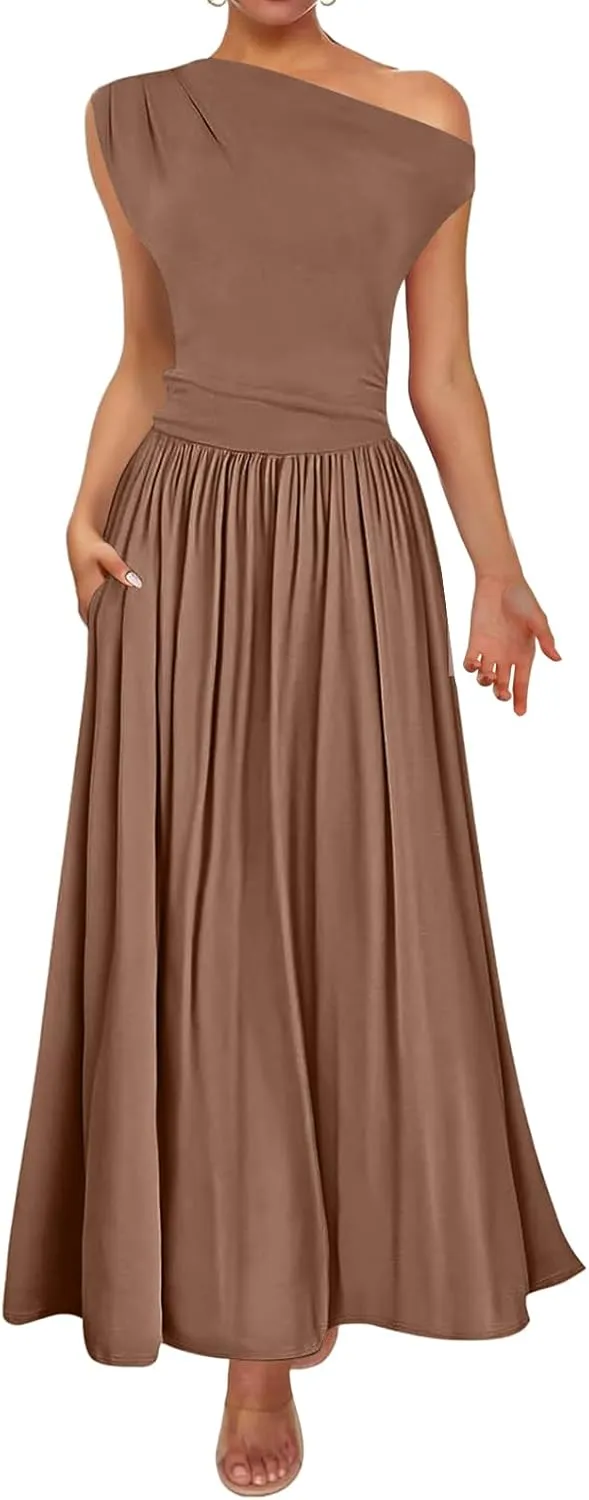 Women's Summer Maxi Dress One Shoulder Pleated Long Party Dress Slim Fit Flowy Swing Dresses with Pockets