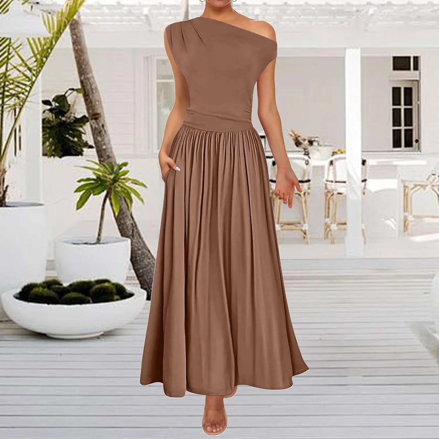 Women's Summer Maxi Dress One Shoulder Pleated Long Party Dress Slim Fit Flowy Swing Dresses with Pockets