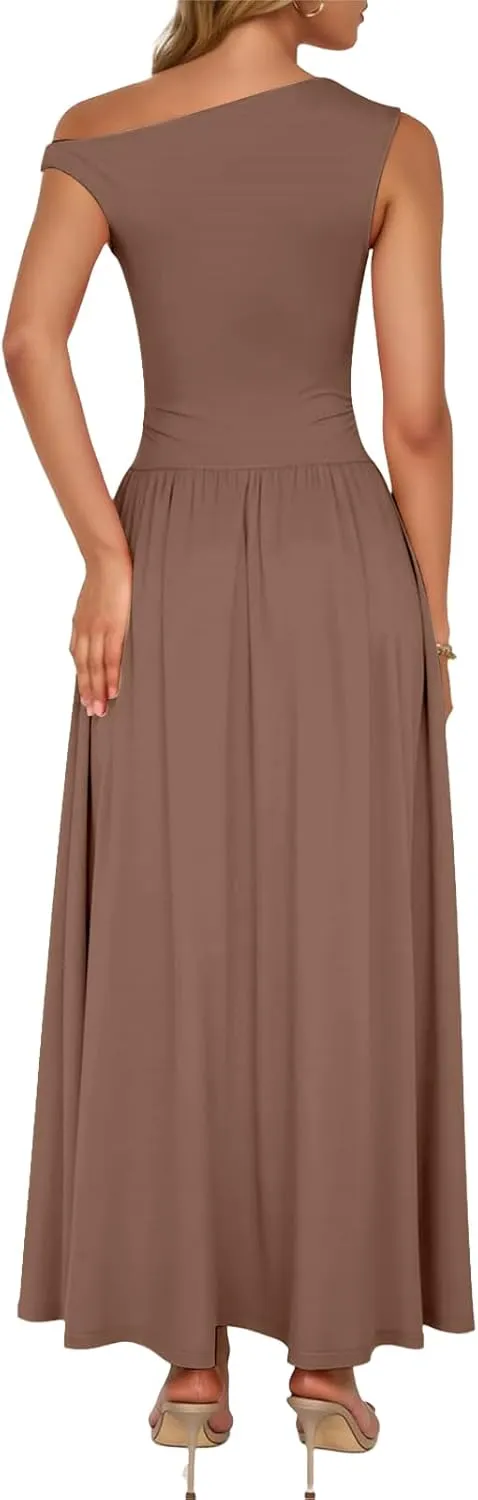 Women's Summer Maxi Dress One Shoulder Pleated Long Party Dress Slim Fit Flowy Swing Dresses with Pockets
