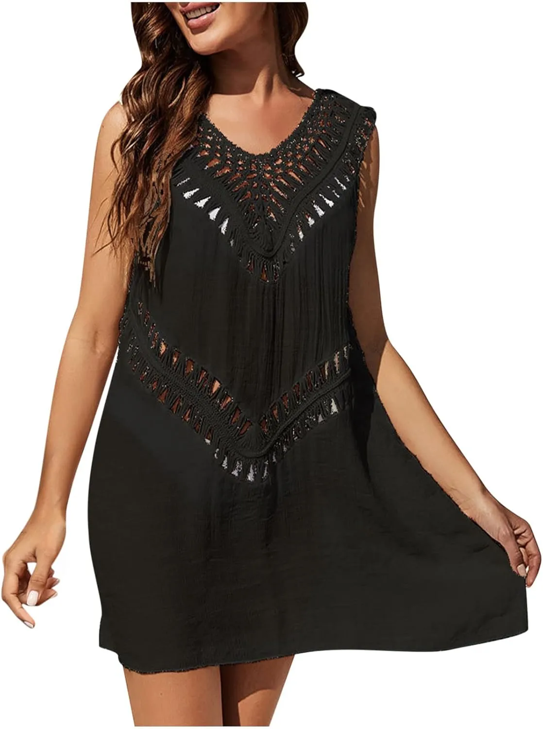 Womens Summer Sundresses Casual Hollow Out Dresses V Neck Sleeveless Beach Solid Sun Dress Ladies Vacation Clothes