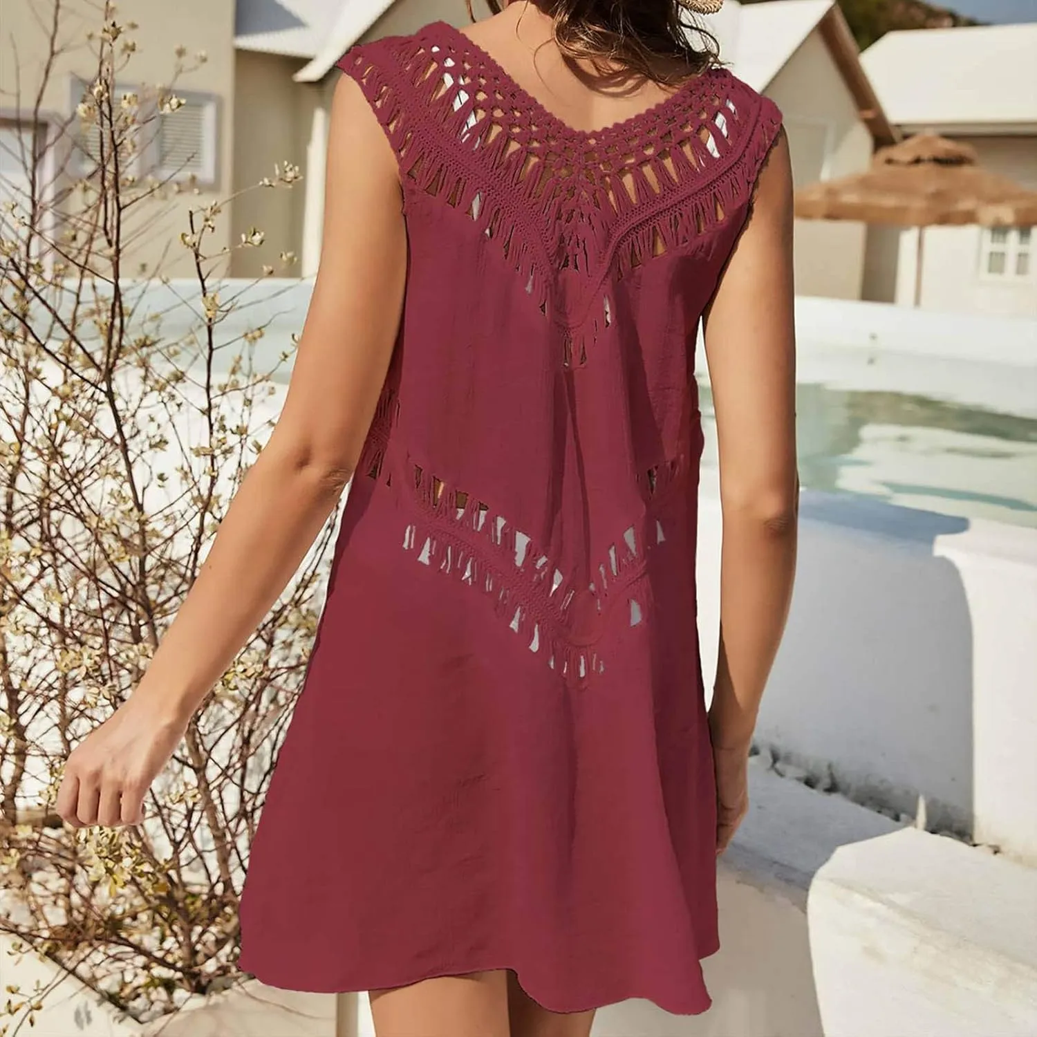 Womens Summer Sundresses Casual Hollow Out Dresses V Neck Sleeveless Beach Solid Sun Dress Ladies Vacation Clothes