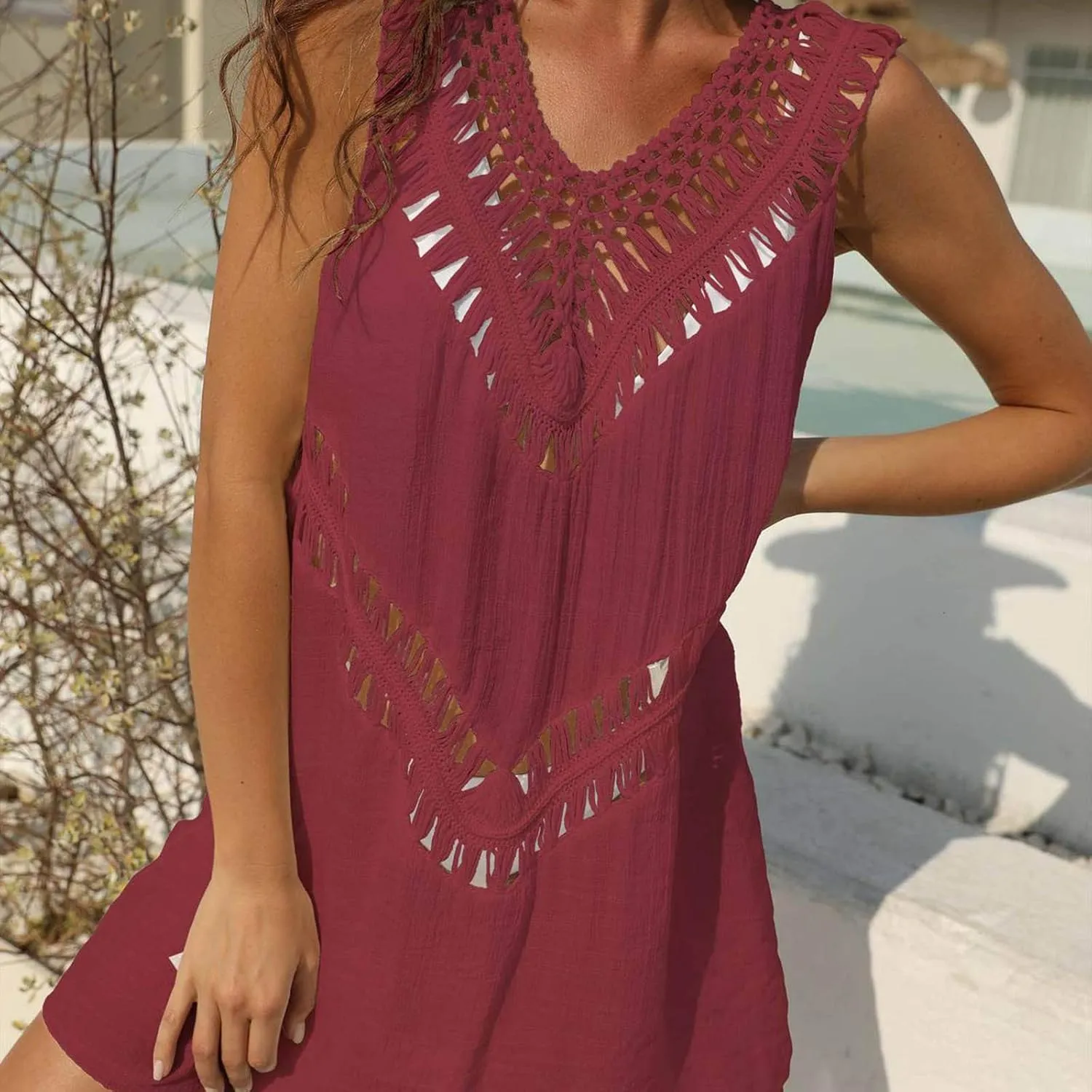 Womens Summer Sundresses Casual Hollow Out Dresses V Neck Sleeveless Beach Solid Sun Dress Ladies Vacation Clothes