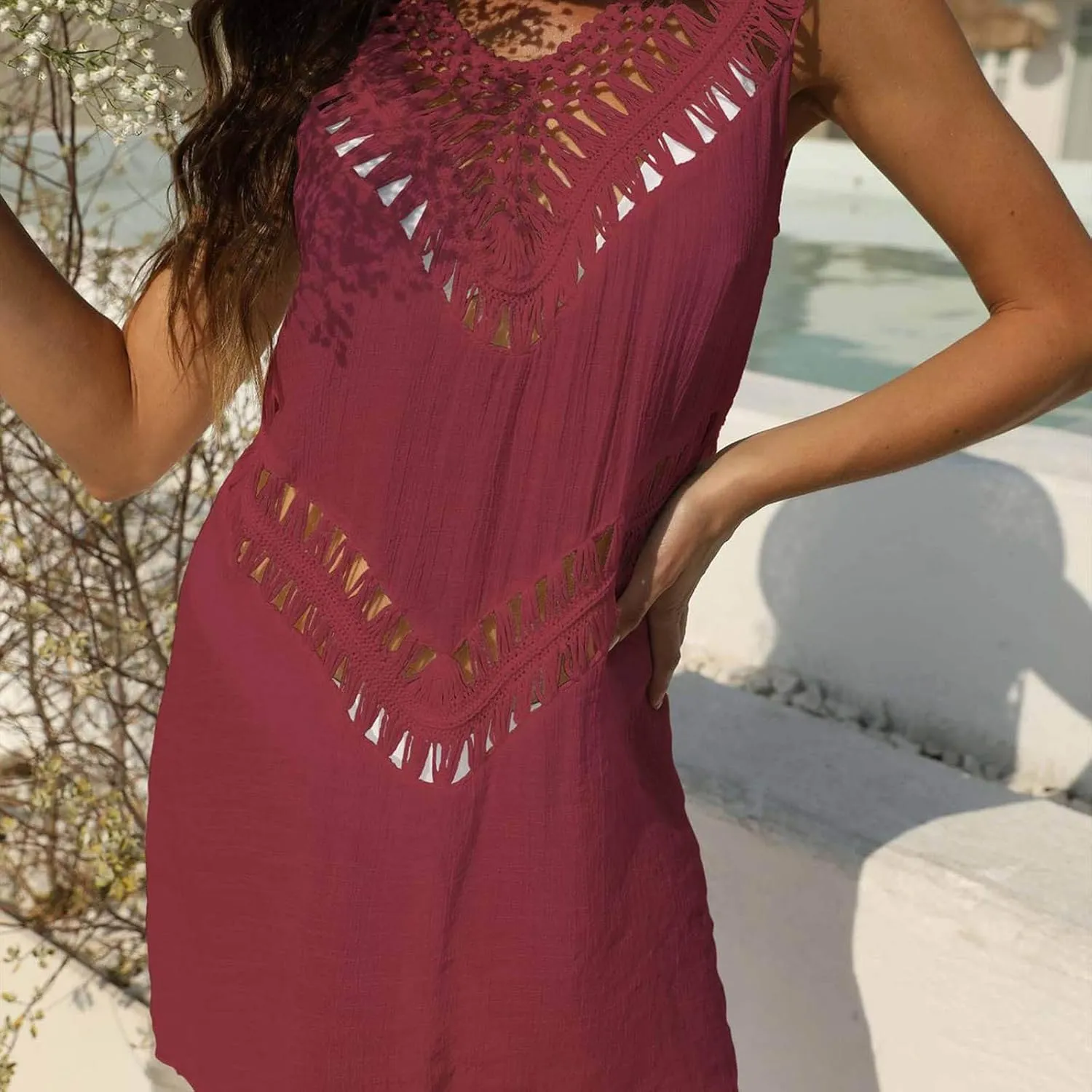 Womens Summer Sundresses Casual Hollow Out Dresses V Neck Sleeveless Beach Solid Sun Dress Ladies Vacation Clothes