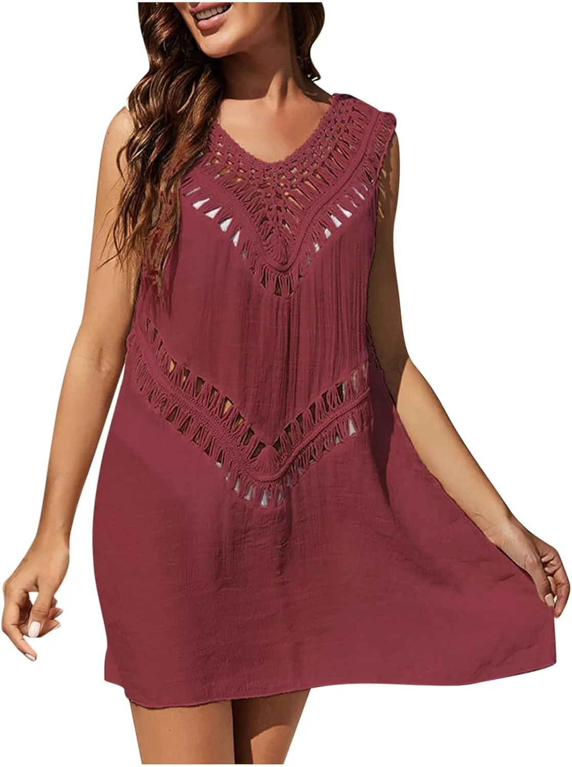 Womens Summer Sundresses Casual Hollow Out Dresses V Neck Sleeveless Beach Solid Sun Dress Ladies Vacation Clothes