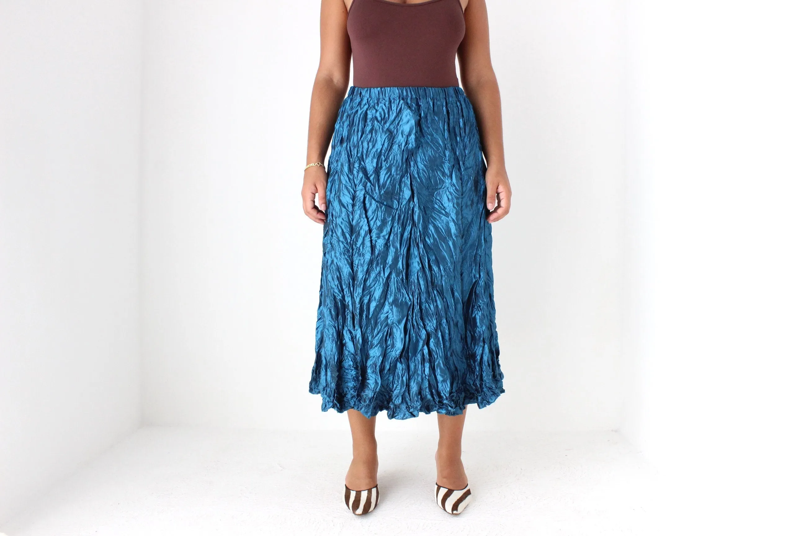 Y2K Metallic Blue Crinkle Taffeta Origami Midi Skirt