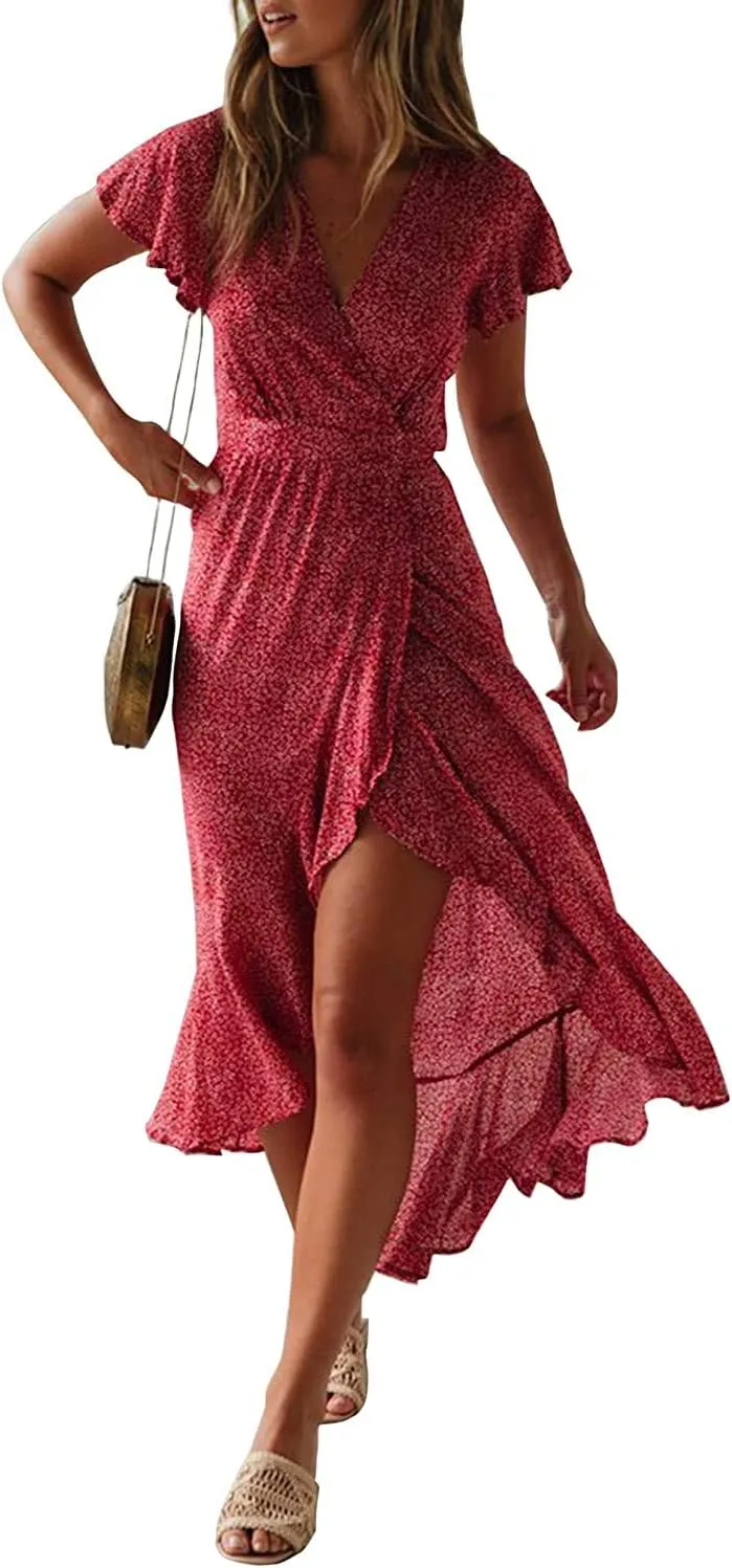 ZESICA Women's 2025 Bohemian Floral Printed Wrap V Neck Short Sleeve Split Beach Party Maxi Dress