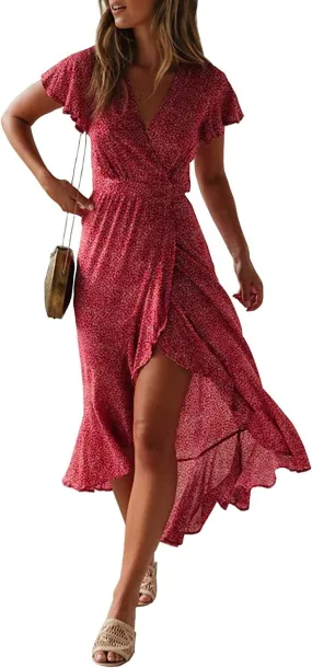 ZESICA Women's 2025 Bohemian Floral Printed Wrap V Neck Short Sleeve Split Beach Party Maxi Dress
