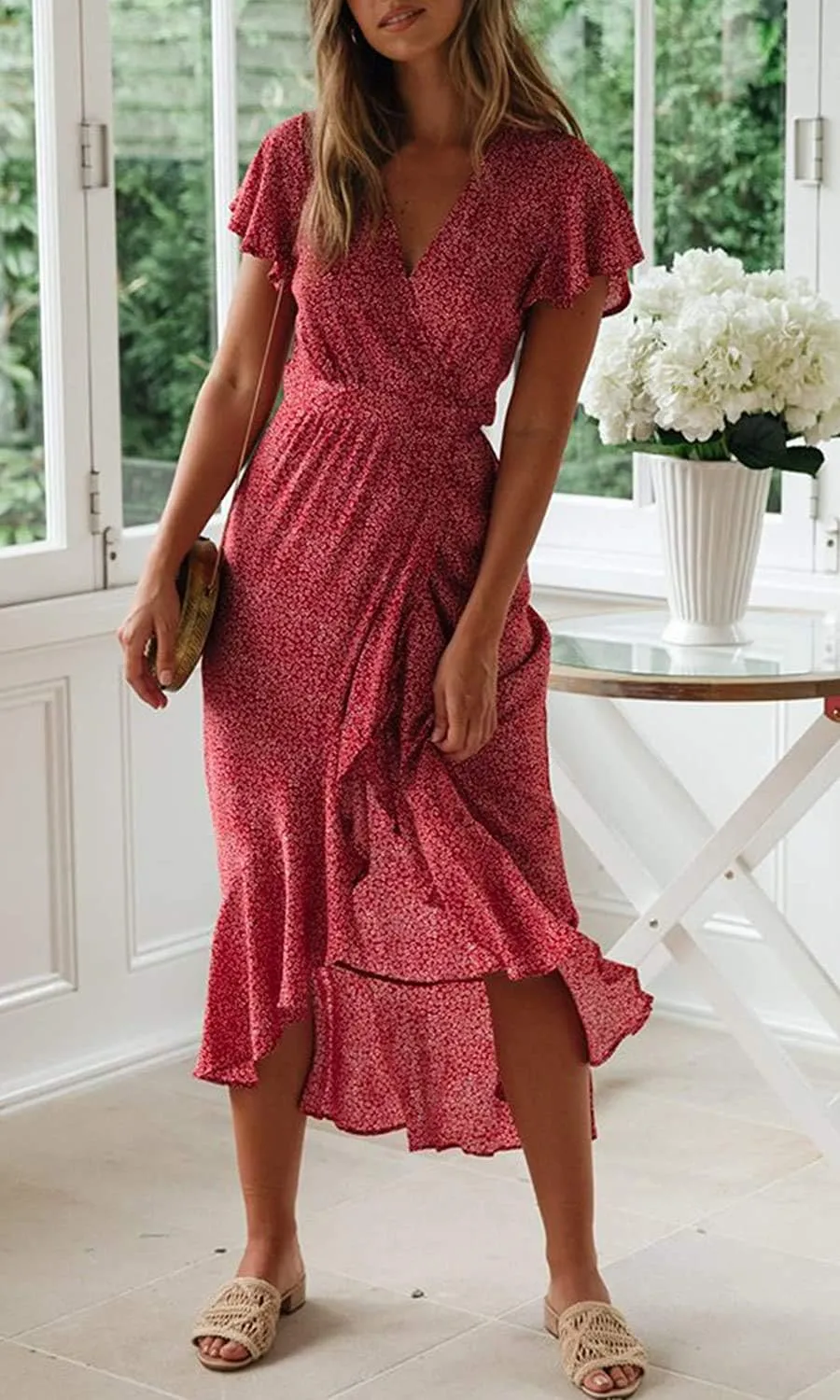 ZESICA Women's 2025 Bohemian Floral Printed Wrap V Neck Short Sleeve Split Beach Party Maxi Dress